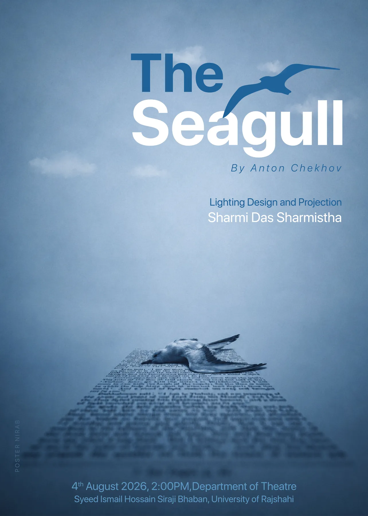 The Seagull theatre poster in a restrained blue palette